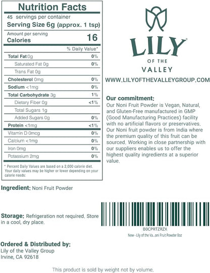 Lily of the Valley Noni Fruit Powder - Morinda Citrifolia - Superfood Indian Mulberry - Great for Smoothies and Recipes - Vegan & Gluten-Free - Resealable Pouch (8oz, 226g)- Package May Vary