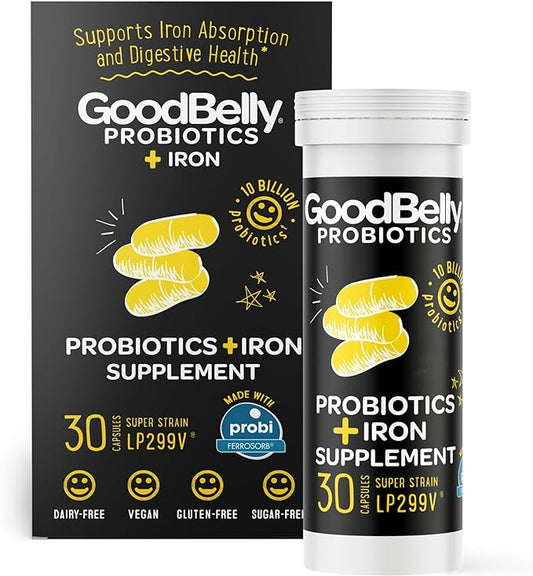 GoodBelly® Probiotic Supplement for Digestive Health & Iron Absorption- Includes 10 Billion Live & Active Cultures of Lactobacillus Plantarum - Vegan Probiotic (30 Capsules per Bottle)