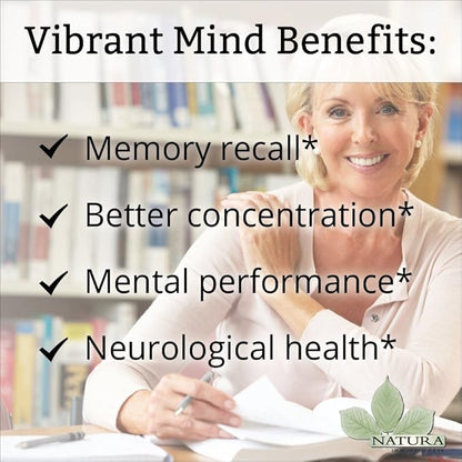 Natura Health Products Vibrant Mind - Nootropic Brain Supplement for Memory and Focus* - Featuring Bacopa, Ginkgo Biloba, Centellin & Phosphatidylserine -Caffeine Free (90 Capsules)