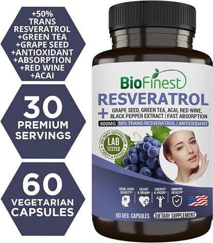 Resveratrol 1200mg Supplement - 50% Trans Resveratrol Antioxidant - Acai Berry Grape Seed Green Tea Black Pepper Red Wine Extract - Skin Beauty Brain Heart - Made in USA (60 Veg. Capsules)