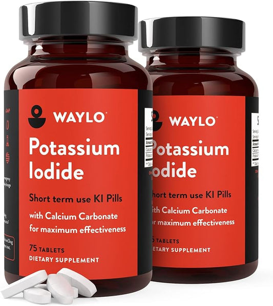 Potassium Iodide with Calcium Carbonate | Maximum Protection Short Term Use KI Potassium Iodide Pills | Iodine Tablets for Thyroid Support | Made in USA | 130mg | 75 ct 2pk