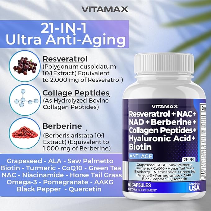 Resveratrol NAD+ Berberine Hyaluronic Acid - Biotin Grape & Blueberry + NAC - Collagen Peptides - Hair, Nail, Skin & Joint Supplement - 21-in-1 Women and Men - Made in USA (60 Count (Pack of 1)