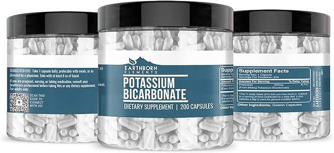 Earthborn Elements Potassium Bicarbonate 200 Capsules, Pure & Undiluted, No Additives