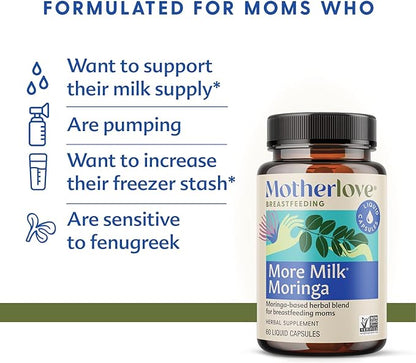 Motherlove More Milk Moringa (120 Capsule Value Size) Moringa-Based Lactation Supplement to Support Breast Milk Supply—Non-GMO, Organic Herbs, Vegan, Kosher