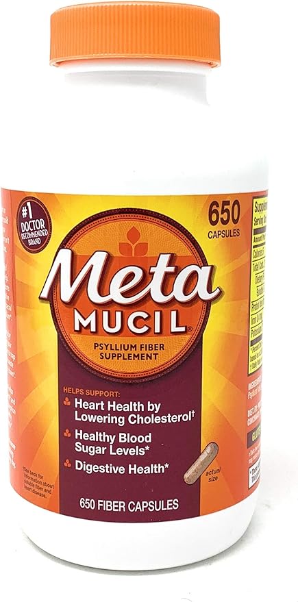 Metamucil Fiber 3-in-1 Psyllium Husk Capsules Supplement, Natural Digestive Health,650 Capsules