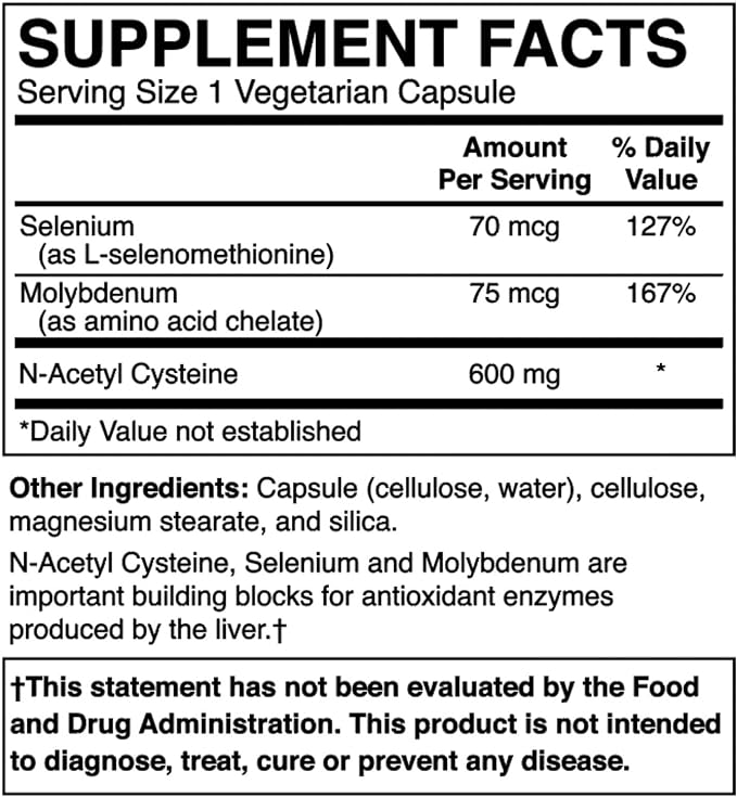 NAC 600 mg for Lung Health, Liver Support, Immune Support, Cognitive Function, Respiratory Health & Antioxidants - with Selenium and Molybdenum