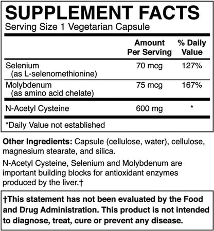 NAC 600 mg for Lung Health, Liver Support, Immune Support, Cognitive Function, Respiratory Health & Antioxidants - with Selenium and Molybdenum