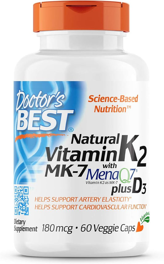 Doctor's Best Natural Vitamin K2 with MK-7, 180mcg Plus D3 1000IU, Non-GMO, Gluten Free, Vegetarian, Soy Free, 60 Veggie Caps