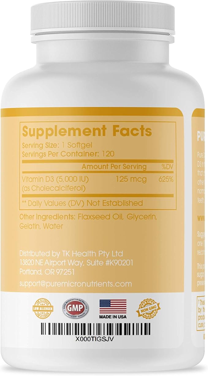 Pure Micronutrients Pure D3 – Vitamin D3 5000 IU, Natural Vitamin D Supplements (Cholecalciferol) - Immune Support, Healthy Muscle Function & Bone Health - 90 Mini Softgels