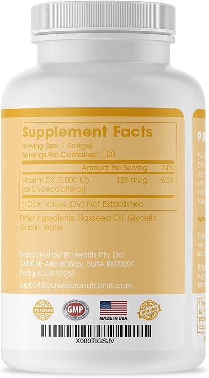 Pure Micronutrients Pure D3 – Vitamin D3 5000 IU, Natural Vitamin D Supplements (Cholecalciferol) - Immune Support, Healthy Muscle Function & Bone Health - 90 Mini Softgels