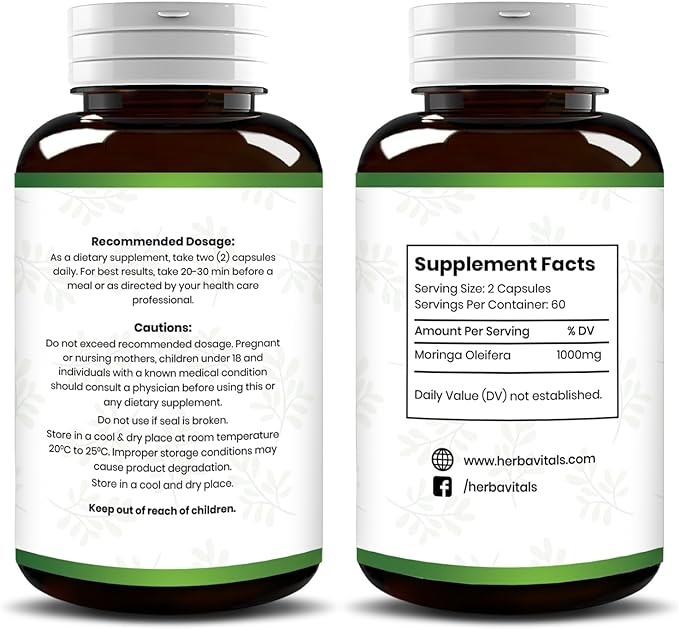 Moringa Supplement 500 mg/Natural Superfood for Immune System,Energy & Rich in Vitamins and Minerals 120 Capsules