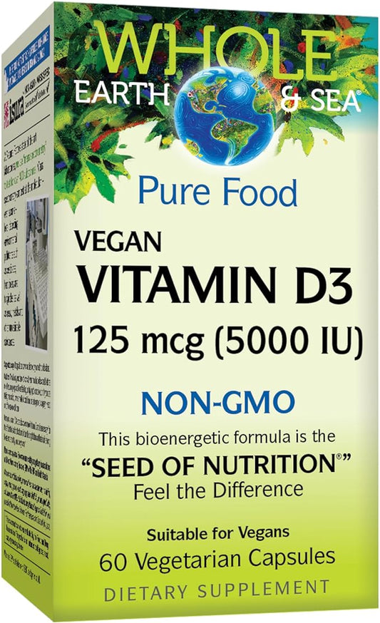 Natural Factors, Whole Earth & Sea Vegan Vitamin D3 125mcg (5,000 IU), 60 Count (Pack of 1)