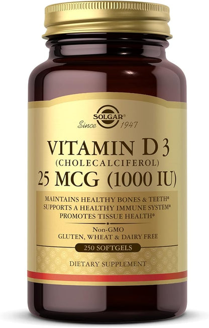 Solgar Vitamin D3 (Cholecalciferol) 25 MCG (1000 IU), 250 Softgels - Helps Maintain Healthy Bones & Teeth - Immune System Support - Non-GMO, Gluten Free, Dairy Free - 250 Servings