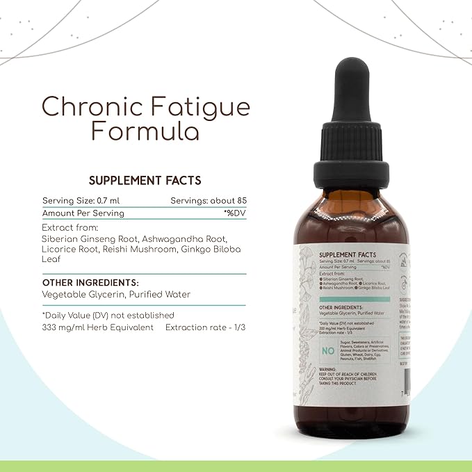 Chronic Fatigue Formula B60 Alcohol-FREE Extract Tincture: Siberian Ginseng Root, Ashwagandha Root, Licorice Root, Ginkgo Biloba Leaf, Reishi Mushroom. Chronic Fatigue Blend 2 Fl Oz