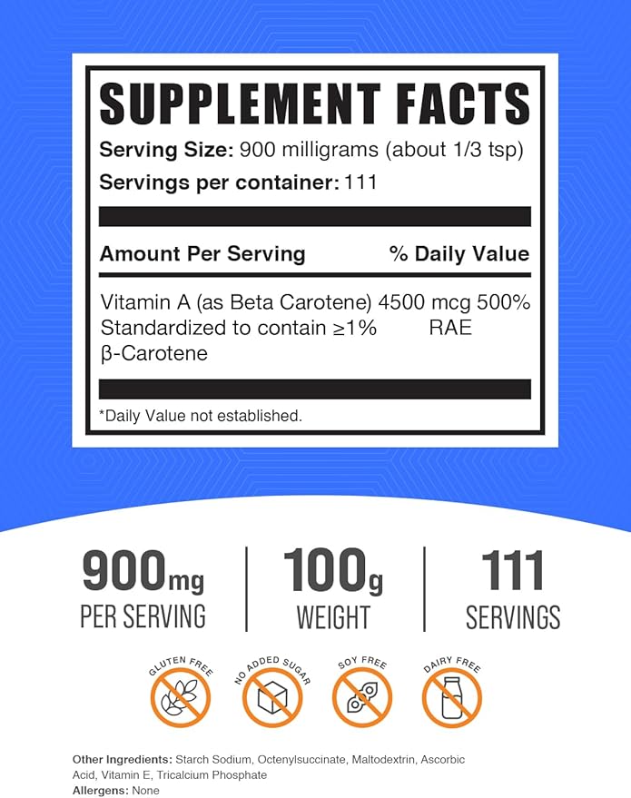 BulkSupplements.com Beta Carotene Powder - Vitamin A Supplements, Beta Carotene Supplements - for Immune & Eye Support, Gluten Free, 900mg per Serving, 100g (3.5 oz) (Pack of 1)