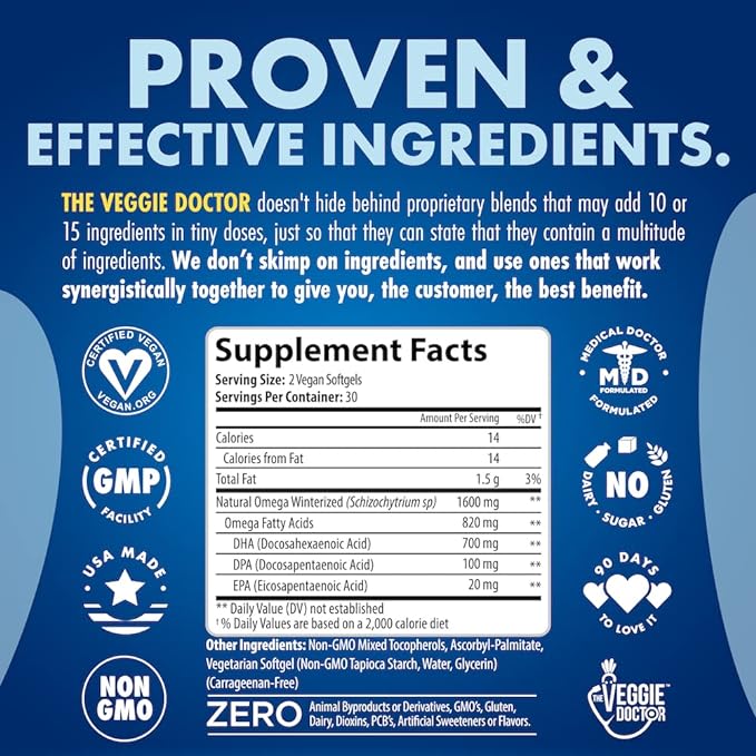 Vegan Omega 3 Supplement - Omega 3 Fish Oil Alternative - No Carrageenan – Plant Based Algae Omega 3 Fatty Acid Supplements - DHA, EPA, DPA - Heart, Brain, Joint, Eye, Immune Support