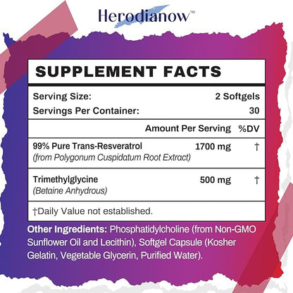 Liposomal Resveratrol with TMG Supplement 2200 MG, 99% Purity Trans-Resveratrol & Trimethylglycine- for Aging, Immune System,Skin & Overall Health,60 Softgels