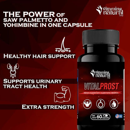 Vitamins Natural - Vital Prost - Saw Palmetto and Yohimbine for Prostate Health, Urinary Support, Energy Boost, Balance Hormone Levels - Natural Dietary Supplement for Men (60 Capsules)