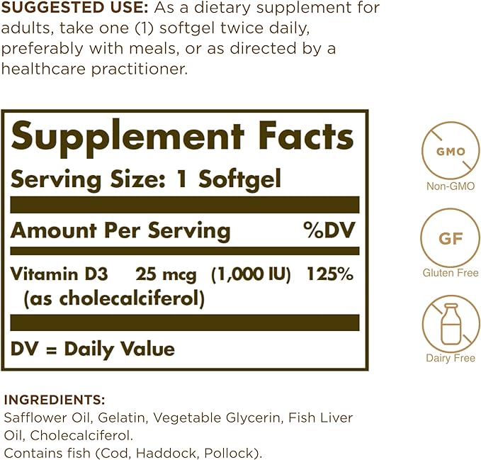 Solgar Vitamin D3 (Cholecalciferol) 25 MCG (1000 IU), 250 Softgels - Helps Maintain Healthy Bones & Teeth - Immune System Support - Non-GMO, Gluten Free, Dairy Free - 250 Servings