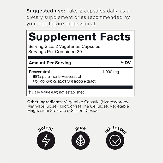 Ultra High Potency Third-Party Tested Trans Resveratrol 1000mg - 98% Pure, Highly Purified and Bioavailable - Resveratrol Polygonum Root Extract - 60 Capsules