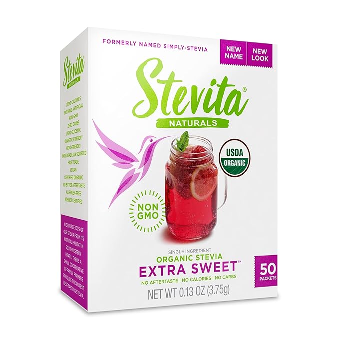 STEVITA Organic Stevia Extra Sweet - 50 Packets - All-Natural, No Calorie Sweetener - USDA Organic, Non-GMO, Vegan, Kosher, Keto, Paleo, Gluten Free - 50 Servings