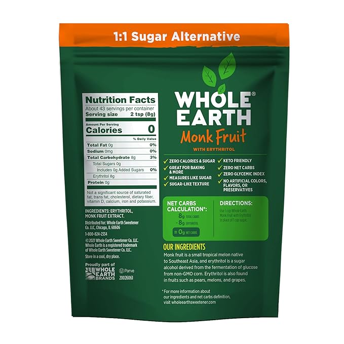 WHOLE EARTH Monk Fruit Sweetener with Erythritol, Plant-Based Sugar Alternative, 12 Ounce Pouch