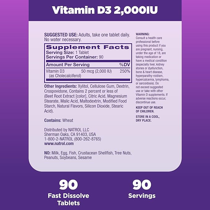 Natrol Fast Dissolve Vitamin D3 2,000 IU, Dietary Supplement for Bone and Joint Health, Bone Support Supplement, 90 Tablets, 90 Day Supply