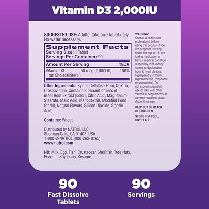 Natrol Fast Dissolve Vitamin D3 2,000 IU, Dietary Supplement for Bone and Joint Health, Bone Support Supplement, 90 Tablets, 90 Day Supply