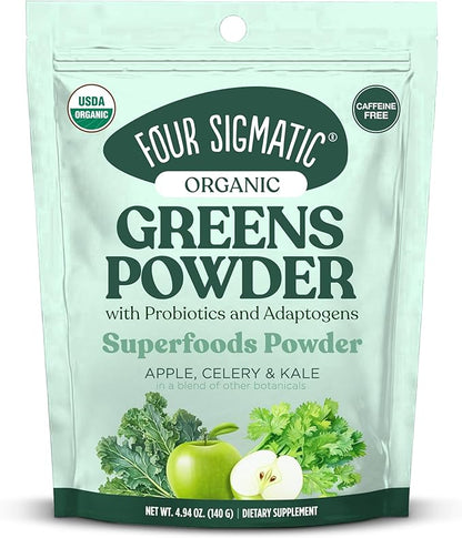 Four Sigmatic Organic Greens Powder | Greens Superfood Powder | Greens with Probiotics & Prebiotics | Organic Super Greens Powder with Organic Moringa Powder, Chaga & Turkey Tail | (4.94 oz.)