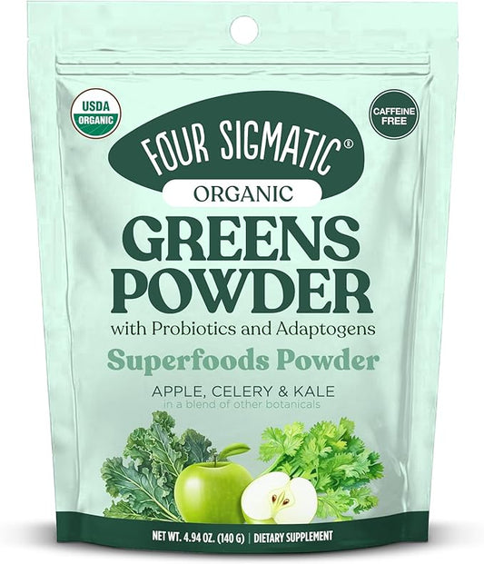 Four Sigmatic Organic Greens Powder | Greens Superfood Powder | Greens with Probiotics & Prebiotics | Organic Super Greens Powder with Organic Moringa Powder, Chaga & Turkey Tail | (4.94 oz.)