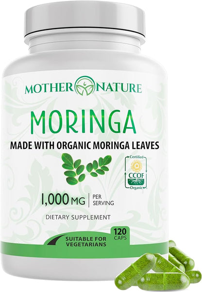 Moringa Capsules 1000mg, from Organic Certified Moringa Leaves Powder - Greens Superfood Supplement - Energy, Focus, Lactation Support, Vitamin C for Immune Support - Vegan, Non-GMO (120 Count)