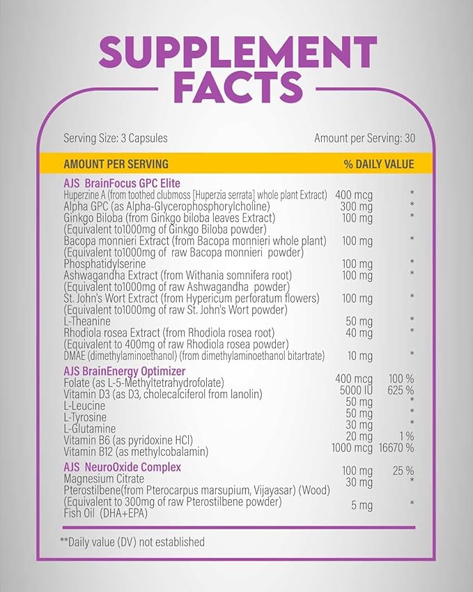 AJS Alpha GPC Nootropic Brain Supplement,Phosphatidylserine,St. John's Wort Ginkgo Biloba,Ashwagandha,Bacopa Monnieri,Pterostilbene,Magnesium Glycinate,Ginkgo Biloba,5-MTHF,Huperzine A 90 CT