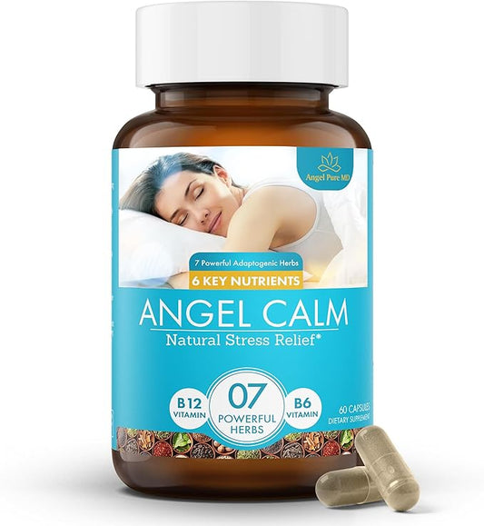 Angel Calm Stress Relief Supplement for Women & Men Focus, Mood Support, Natural Energy & Calm, Cortisol Balance + Fast Acting Ashwagandha Vitamin B12, Rhodiola Rosea & Lemon Balm – 60 Count