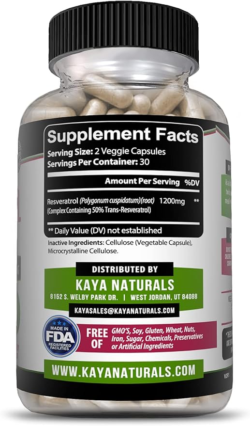 Kaya Naturals - Resveratrol Capsules - Anti Aging Supplement - Antioxidants with Brain Support - Maximum Benefits - 60 Veggies Capsules