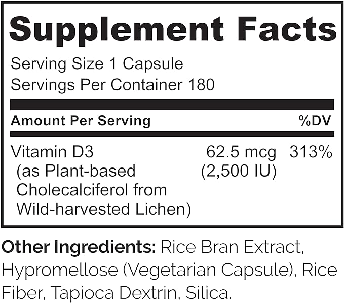 NATURELO Vitamin D - 2500 IU - Plant Based from Lichen - Natural D3 Supplement for Immune System, Bone Support, Joint Health - Vegan - Non-GMO - Gluten Free - 180 Mini Capsules