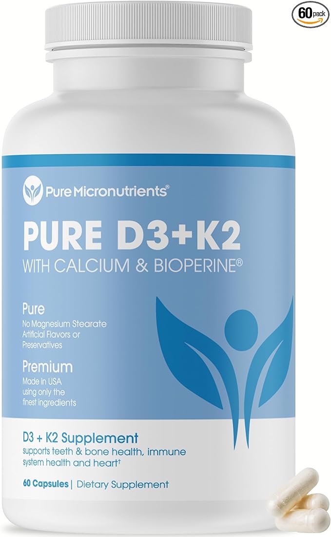 Pure Micronutrients Vitamin D3 K2 Supplement | MK7 100mcg, D3 5000 iu, Calcium + BioPerine | Muscle & Bone Health, Heart, Immunity & Energy Support | VEGAN | 60 capsules