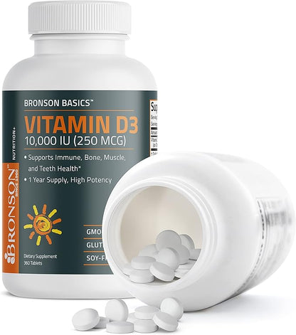 Bronson Vitamin D3 10,000 IU (250 MCG) 1 Year Supply for Healthy Muscle Function and Immune Support, Non-GMO, 360 Tablets