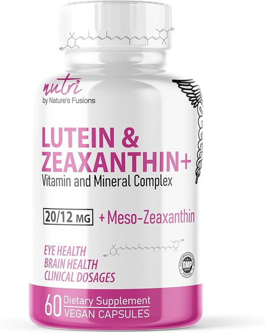 Nutri Lutein 20mg Eye Vitamins Complex - Triple Carotenoid Formula - Lutein and Zeaxanthin Supplements - Contains Zinc, Vitamins A,C,D3,E, Folate - 60 Capsules - Eye Health Supplements