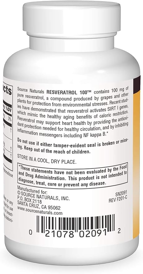 Source Naturals Resveratrol 100, for Heart and Healthy Aging* 100 mg - 60 Vegetarian Capsules