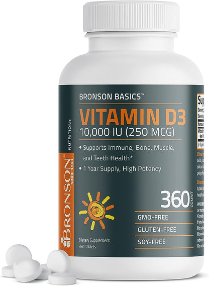 Bronson Vitamin D3 10,000 IU (250 MCG) 1 Year Supply for Healthy Muscle Function and Immune Support, Non-GMO, 360 Tablets