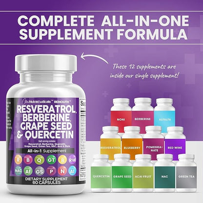 Resveratrol 6000mg Berberine 3000mg Grape Seed Extract 3000mg Quercetin 4000mg Green Tea Extract - Polyphenol Supplement for Women and Men with N-Acetyl Cysteine, Acai Extract - 60 Capsules