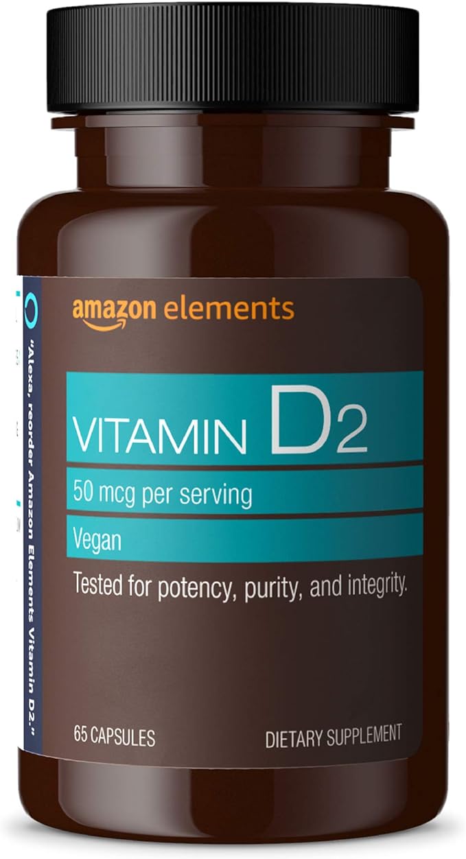 Amazon Elements Vitamin D2 2000 IU, Vegan, 65 Capsules, Supports Strong Bones and Immune Health, 2 month supply (Packaging may vary)