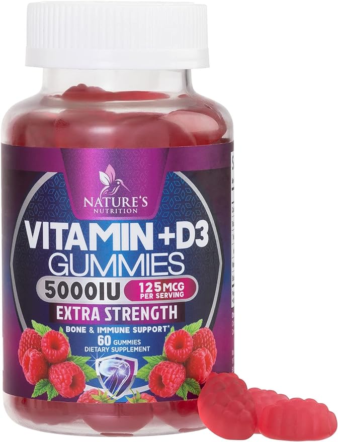 Vitamin D3 Gummies 5,000 IU Extra Strength 125 mcg D3 Supplement Gummy - Support Natural Bone, Muscle, & Immune Health - Gluten Free - Non-GMO - Nature's Raspberry Flavor - 60 Gummies - 60 Day Supply