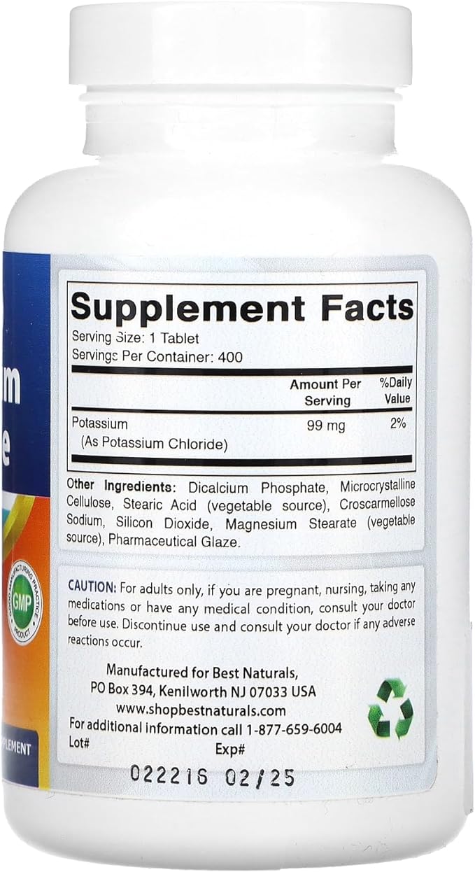 Best Naturals Potassium Chloride Supplement 99mg 400 Tablets - 3rd Party Lab Tested