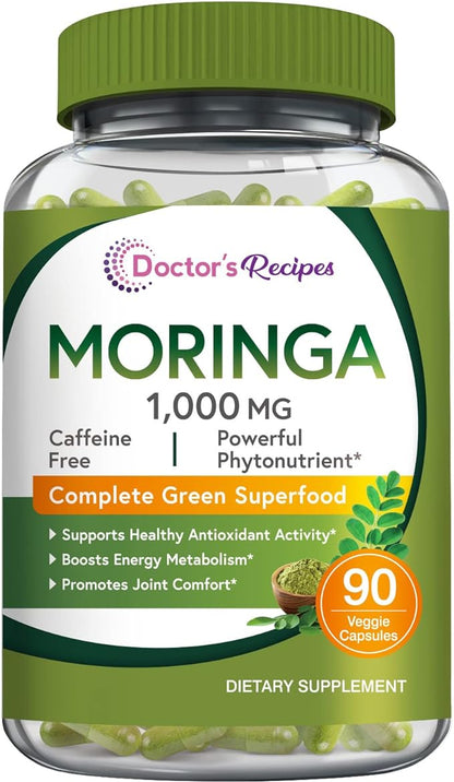 Doctor's Recipes Organic Moringa 10,800 mg Strength, Pure & Wild Harvested, Complete Green Superfood, Natural Antioxidant Support, Non-GMO, 90 Vegan Caps, No Caffeine Soy Gluten