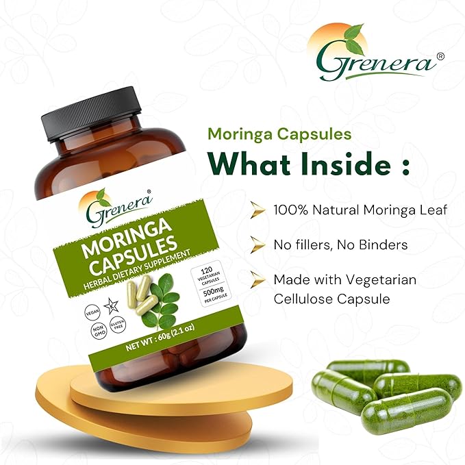 Grenera Moringa Capsules 120 nos, 100% Pure Single Origin Moringa Oleifera Leaf Powder, Malunggay Pills Supplement for Energy, Metabolism, & Immune Support