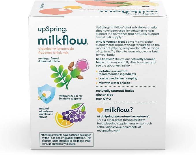 UpSpring Milkflow Immune Support Breastfeeding Supplement Drink Mix Fenugreek-Free, Moringa | Elderberry Lemonade Flavor | Lactation Supplement to Support Breast Milk Supply | 2 Pack