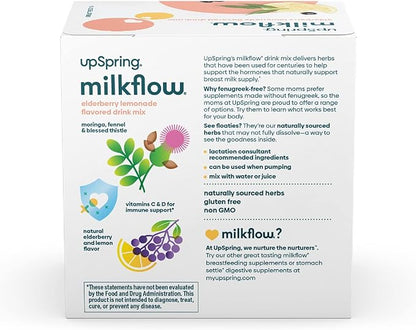 UpSpring Milkflow Immune Support Breastfeeding Supplement Drink Mix Fenugreek-Free, Moringa | Elderberry Lemonade Flavor | Lactation Supplement to Support Breast Milk Supply | 2 Pack