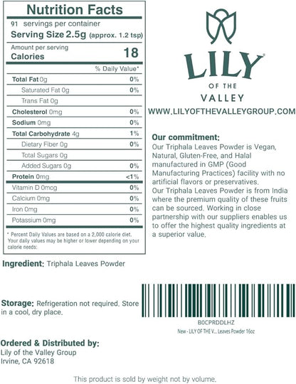 LILY OF THE VALLEY Triphala Powder - Mix of Amla, Haritaki & Bibhitaki - Sourced from India - Herbal Adaptogen Superfood - Vegan & Gluten-Free (8oz, 226g)- Package May Vary