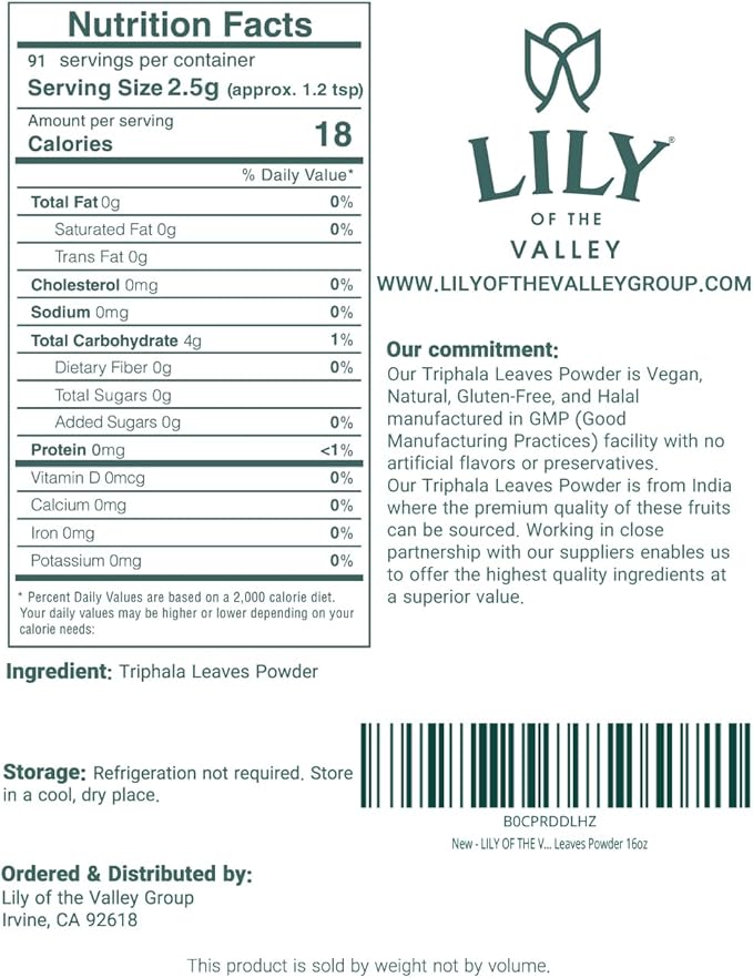 LILY OF THE VALLEY Triphala Powder - Mix of Amla, Haritaki & Bibhitaki - Sourced from India - Herbal Adaptogen Superfood - Vegan & Gluten-Free (16oz, 453g)- Package May Vary